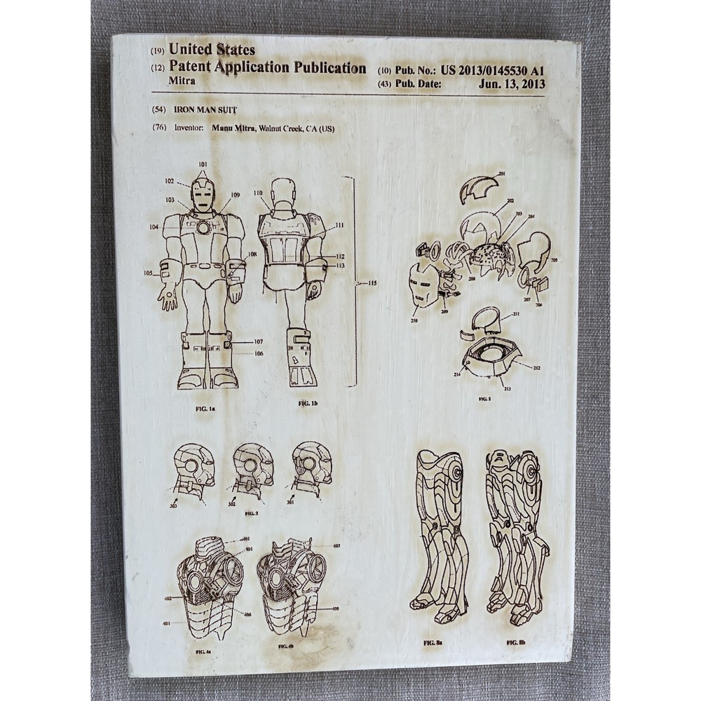 Iron Man Suit Patent Application Publication Laser Etched Wooden Sign Mitra Sign